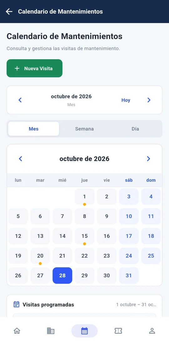 Maintenance calendar of the BioMantenimiento app with the month's visits