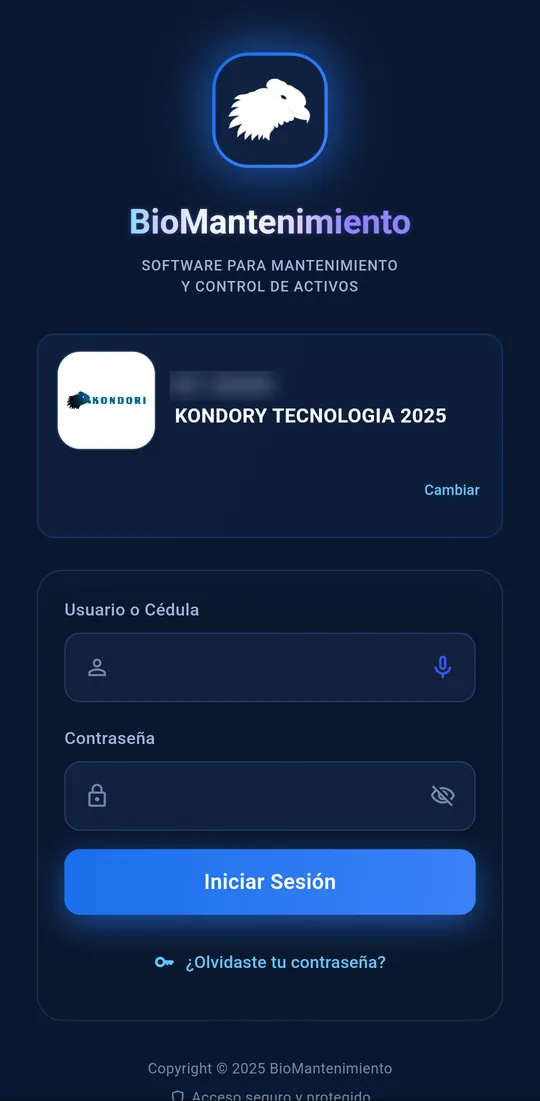 Sign-in screen of the app with the chosen company and the user or ID and password fields