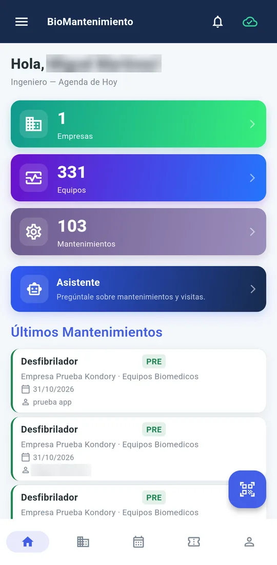 BioMantenimiento app home with companies, assets, maintenance jobs and the latest records