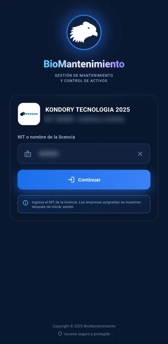 The app shows the company found with its logo and the Continue button (the tax ID is blurred)