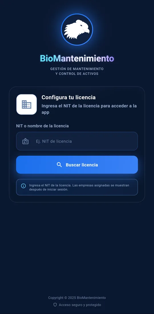 Configure your license screen of the BioMantenimiento app, with the field for the license tax ID