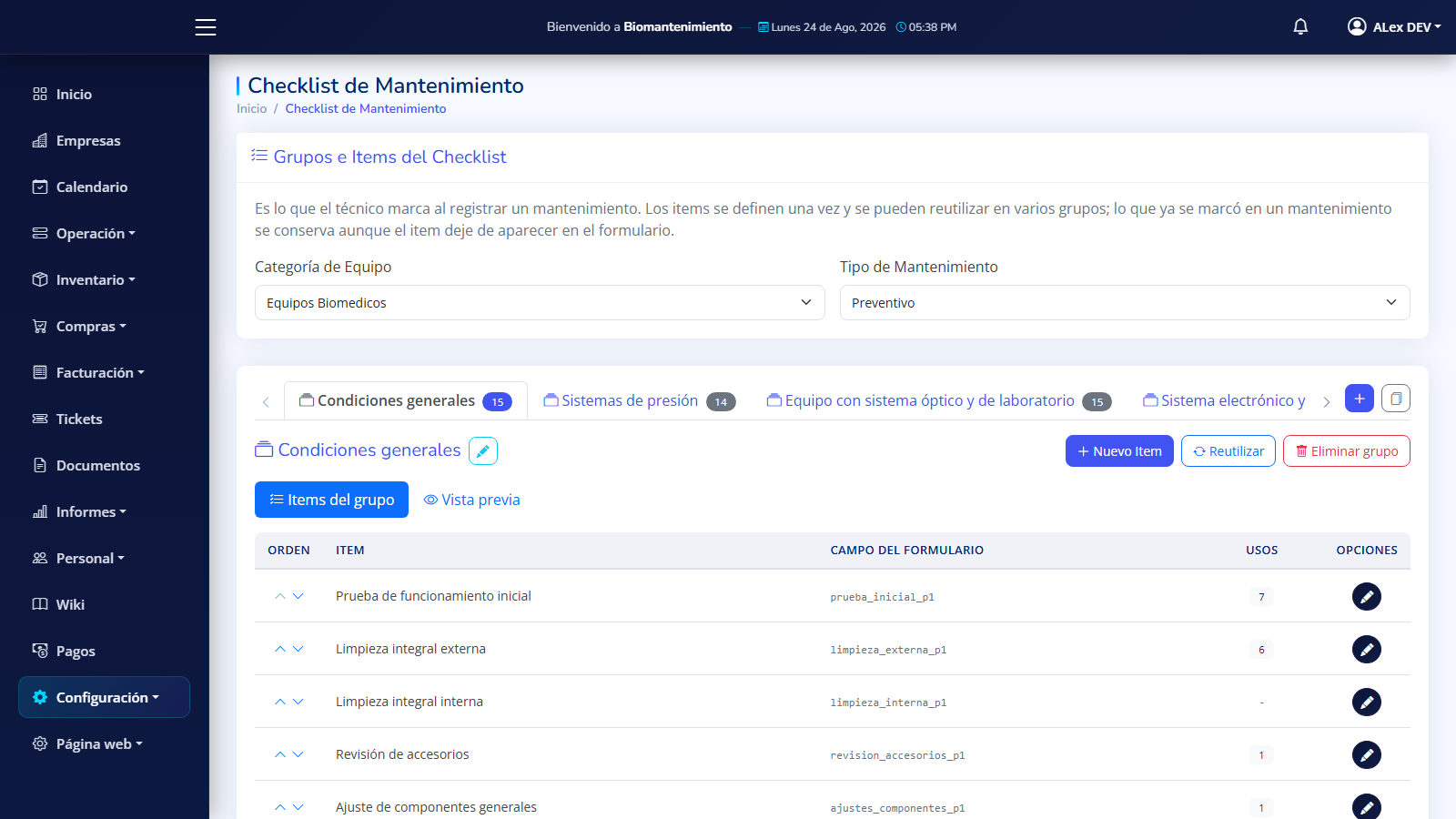 Checklist de mantenimiento configurable en BioMantenimiento
