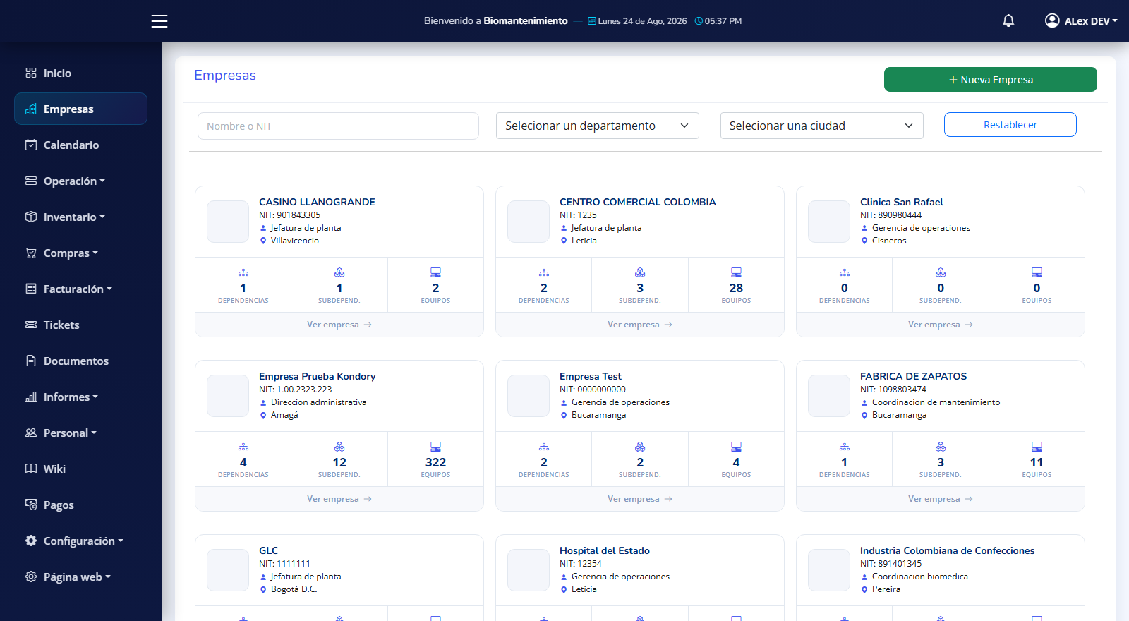 Listado de empresas con sus sedes, áreas y equipos en BioMantenimiento