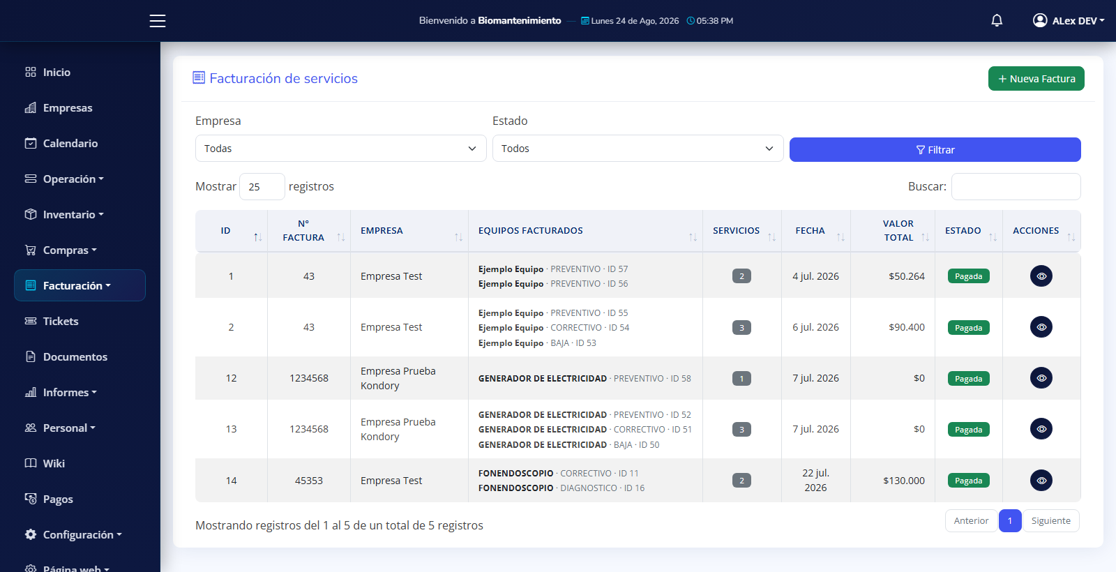 Facturación de servicios en BioMantenimiento