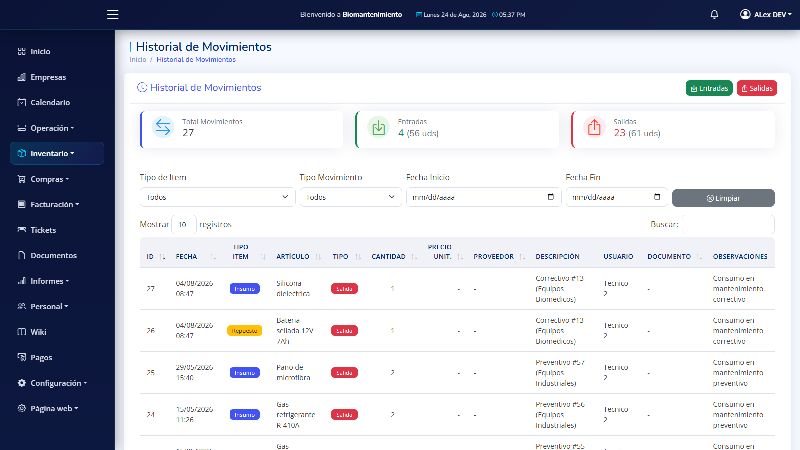 Historial de movimientos de inventario en BioMantenimiento